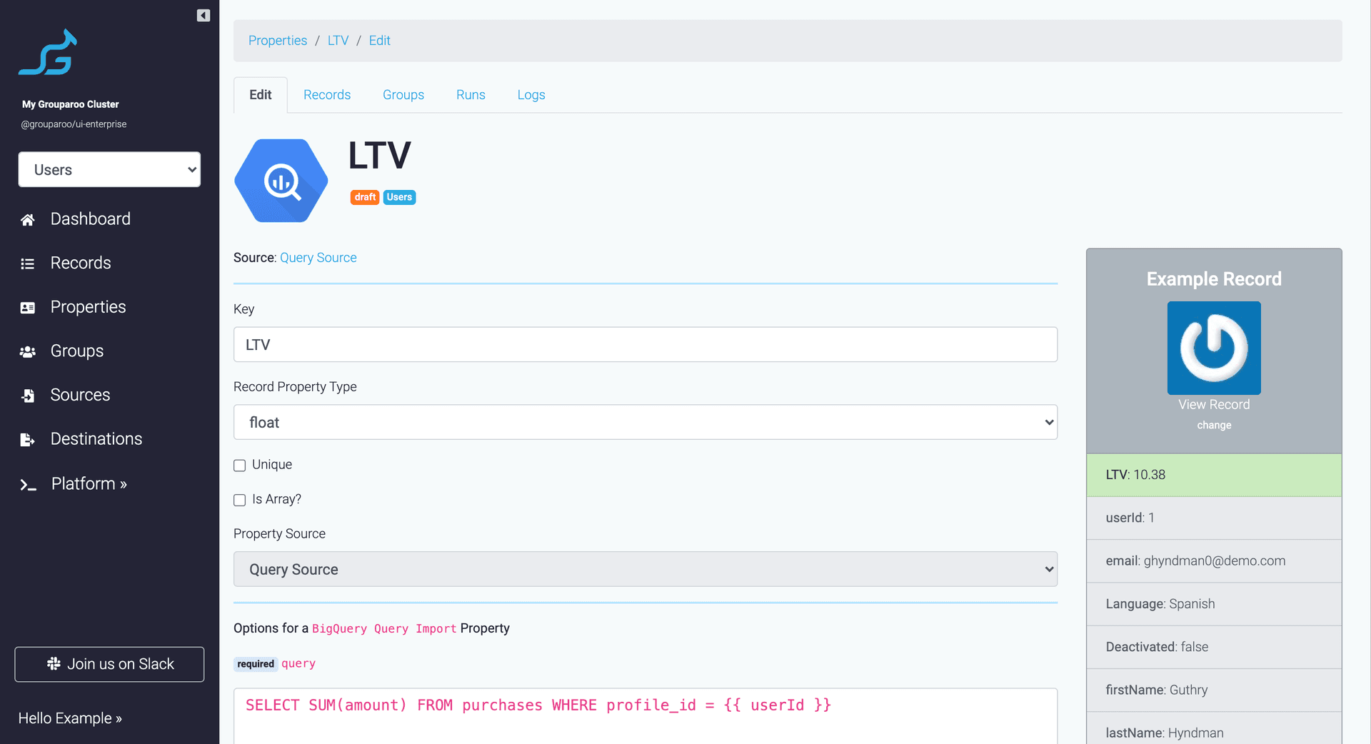 Grouparoo Query Source settings