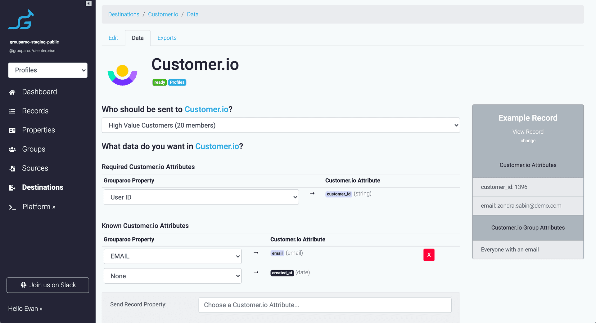 Customer.io Destination settings