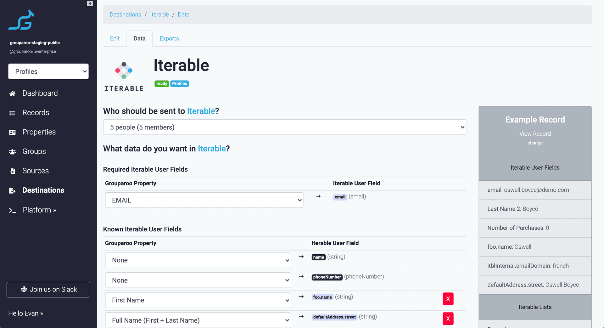 Iterable Destination settings