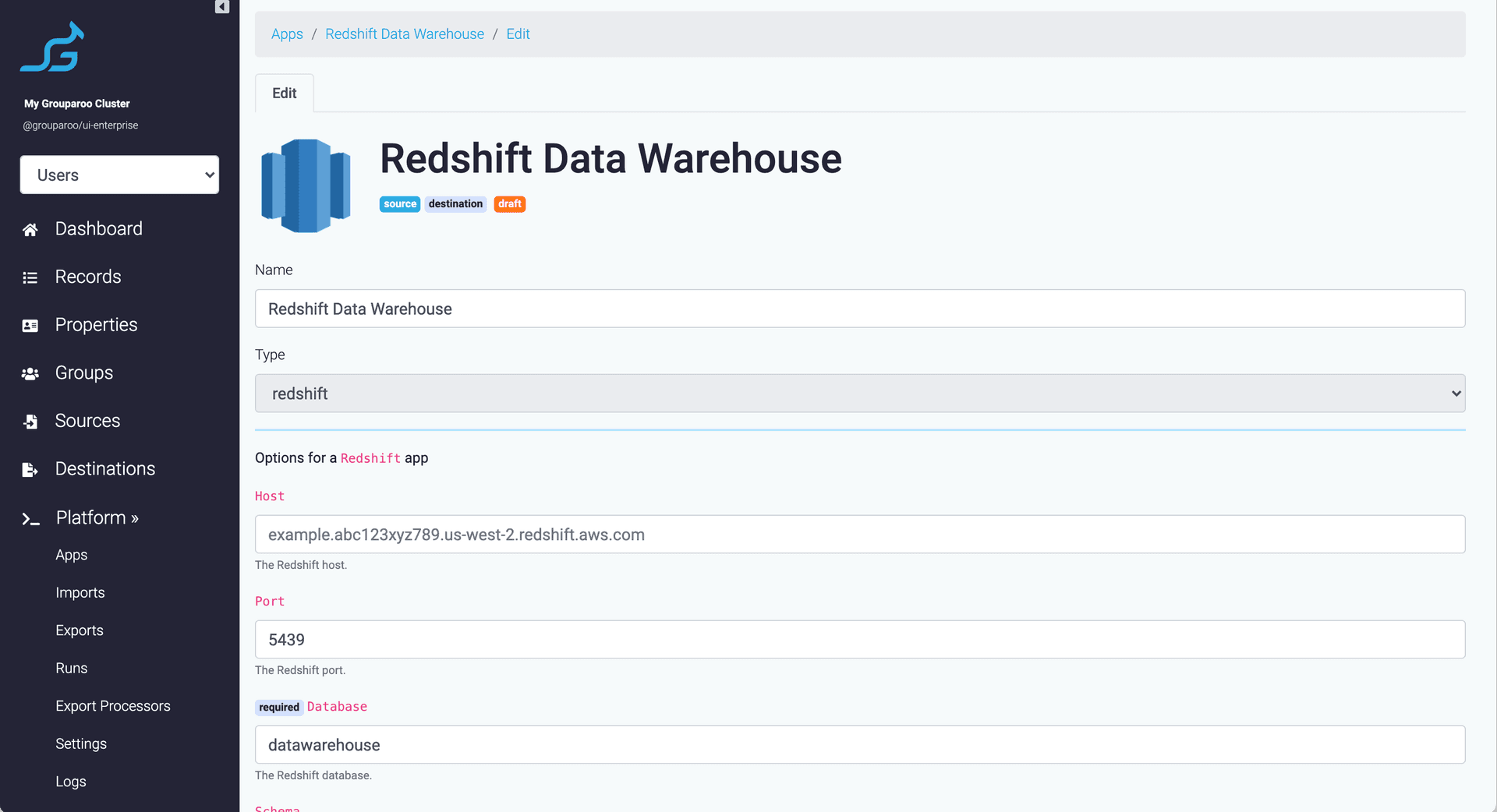 Grouparoo Redshift settings