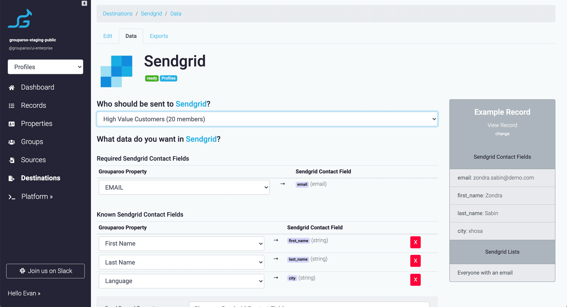 Sendgrid Destination settings