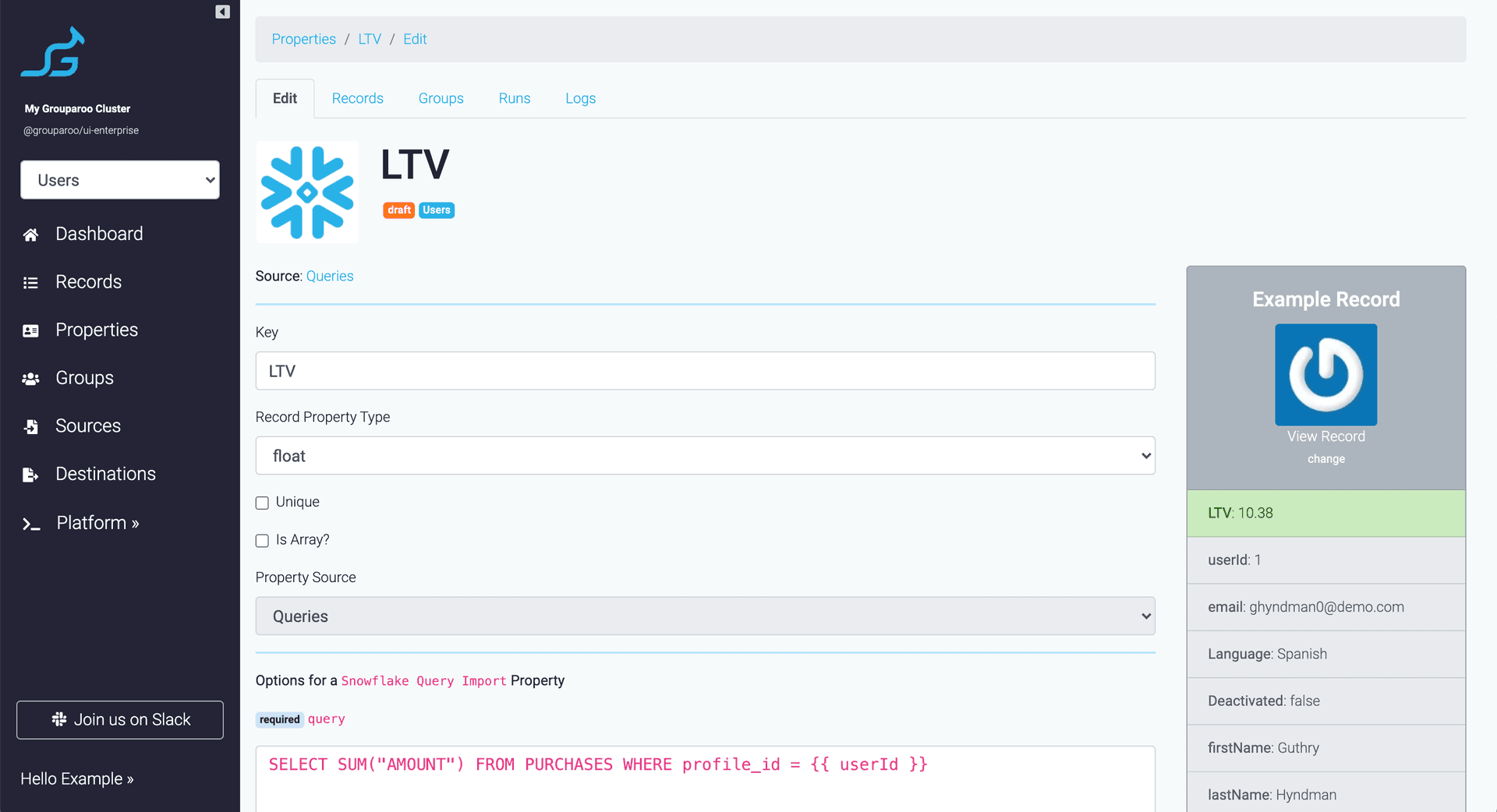 Grouparoo Query Source settings